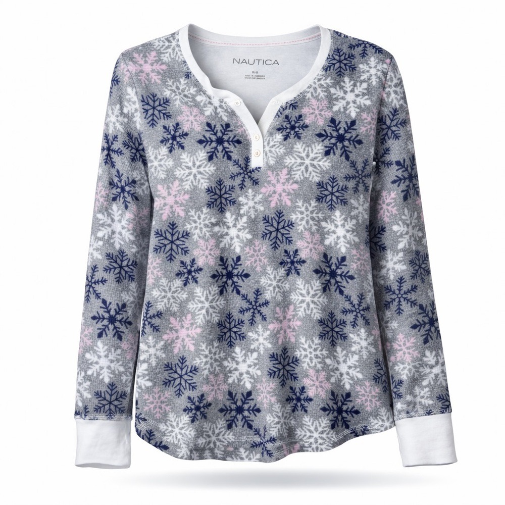Nautica Women's Medium Snowflake Waffle Knit Henley Thermal Lounge Top Gray